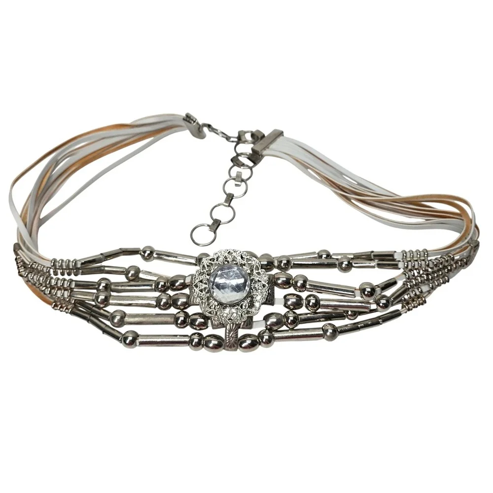 Vintage Chain Belt Rhinestone Beaded Studded Silver White Western Bling Festival